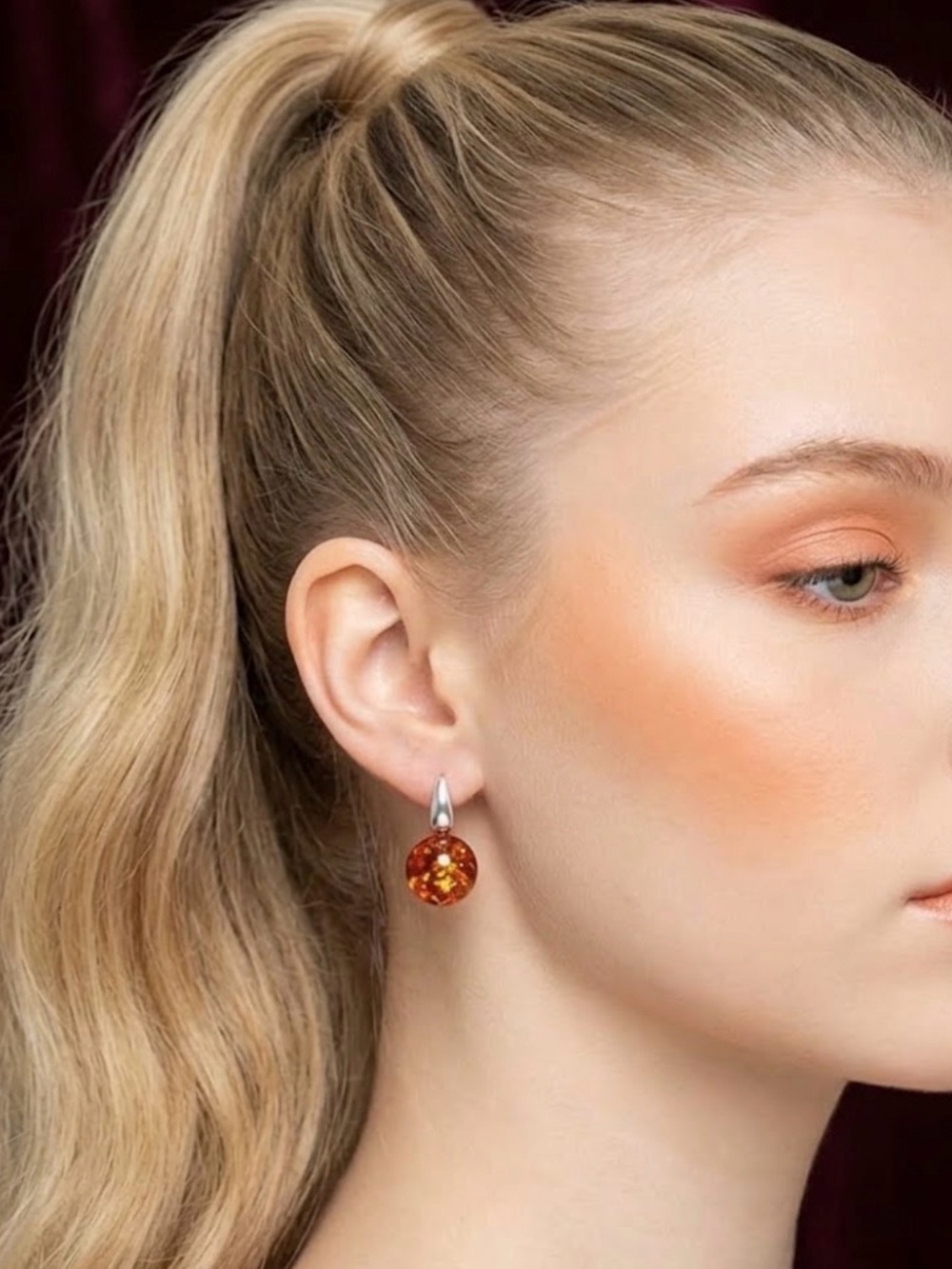Amber Resin Ball Drop Earrings, Silver Leverback